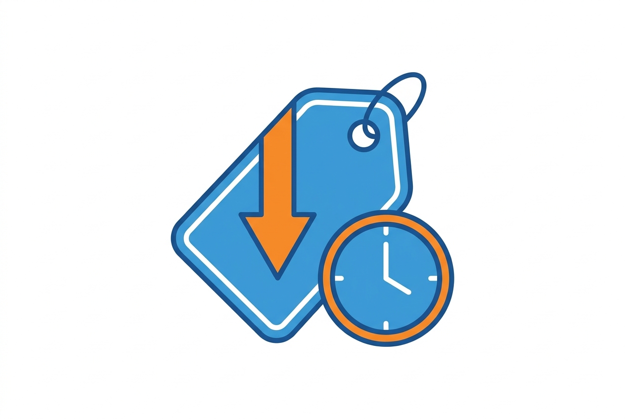 Amazon price adjustment window shown as a price tag with a downward arrow and a clock
