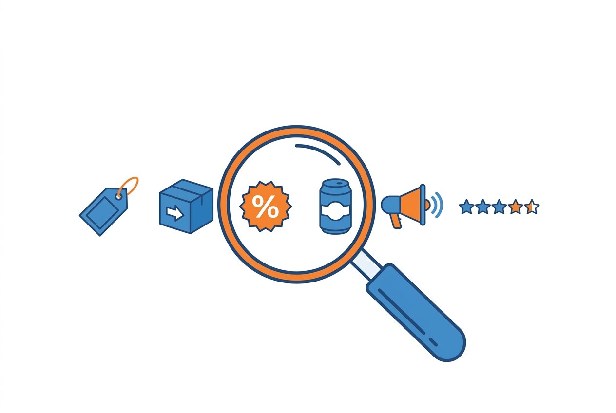 The six things to monitor about competitors shown as icons under a magnifying glass