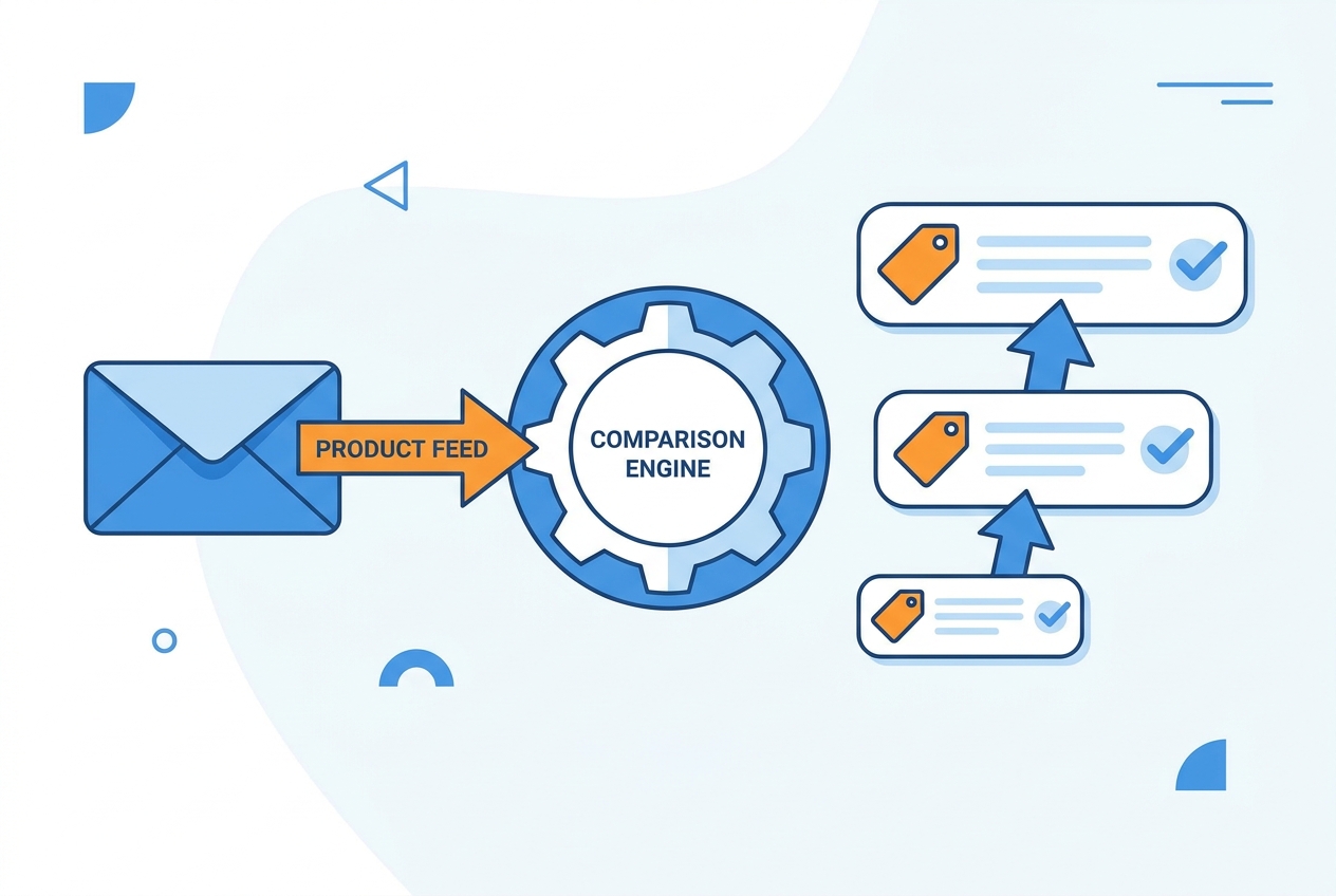 How a comparison shopping engine works: retailers send a product feed, the engine compares offers by price
