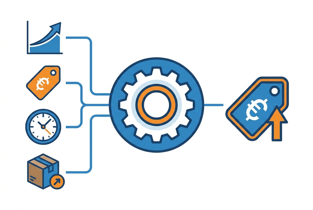 How dynamic pricing works: signals feeding a pricing engine that outputs an adjusted price