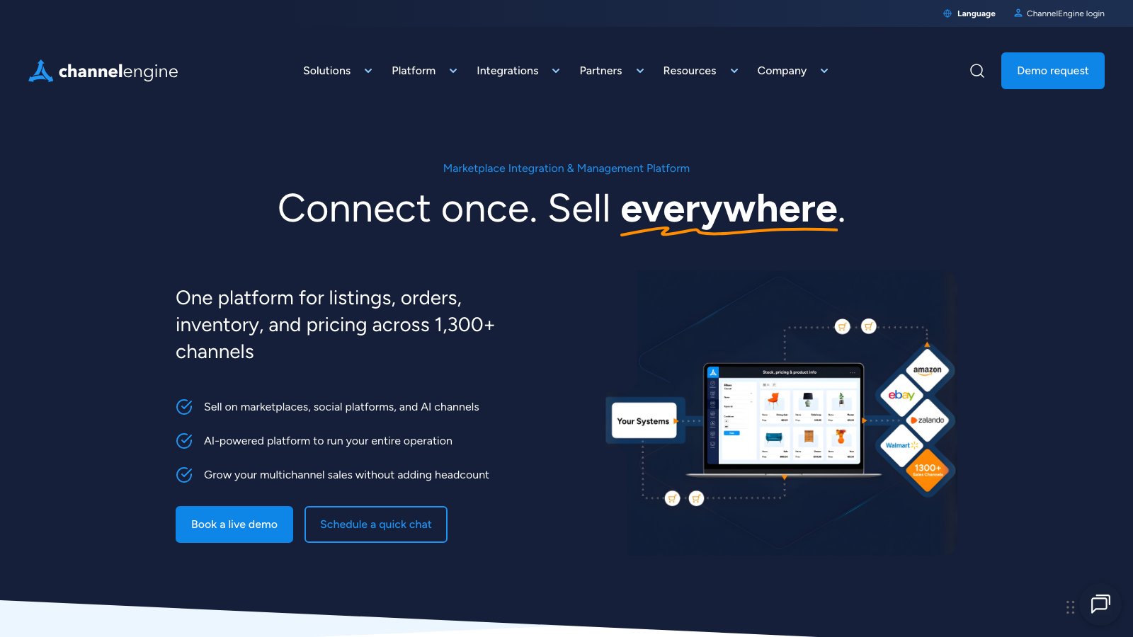 ChannelEngine homepage — marketplace integration and management platform