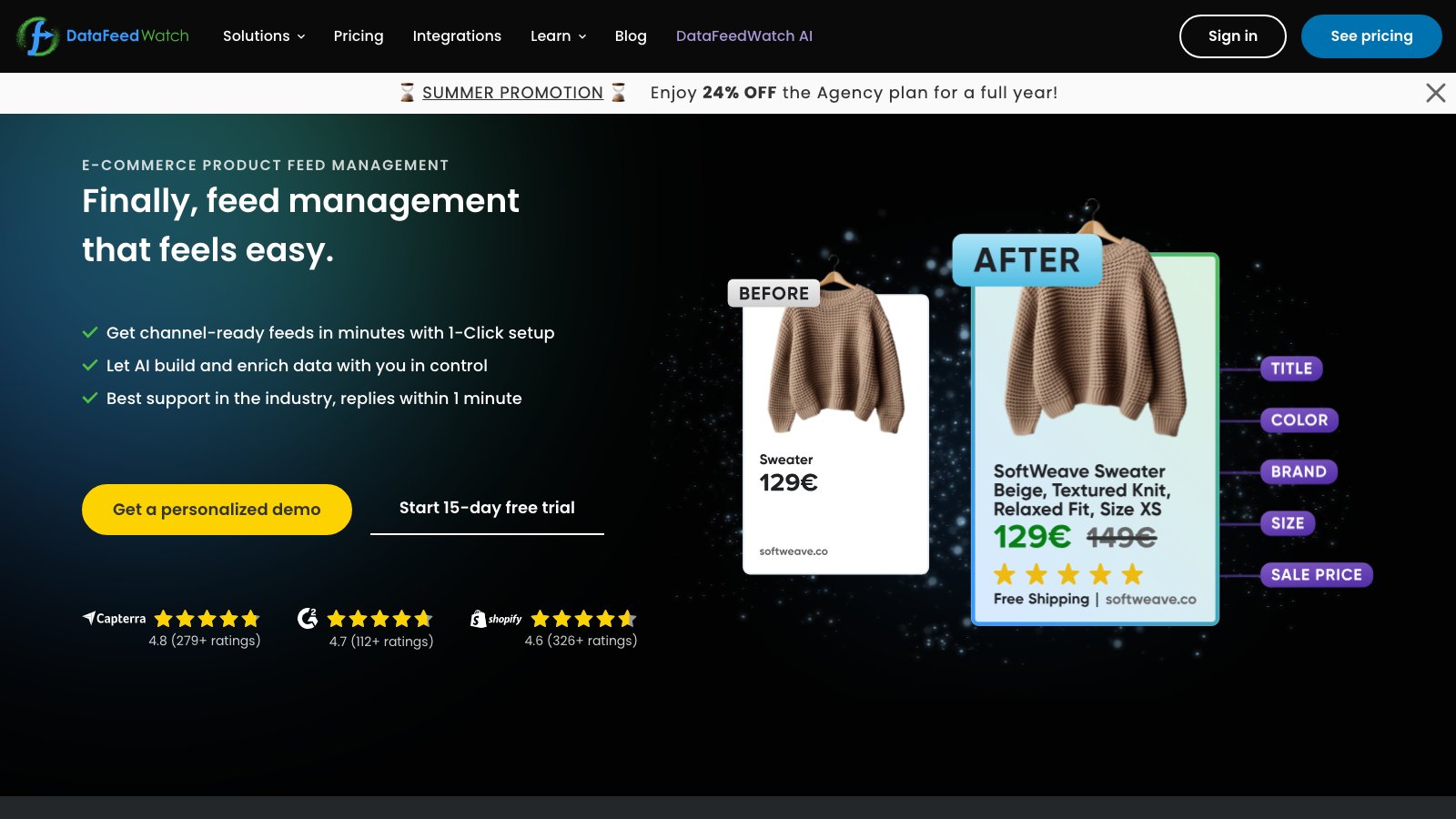 DataFeedWatch homepage — product feed management and optimization tool