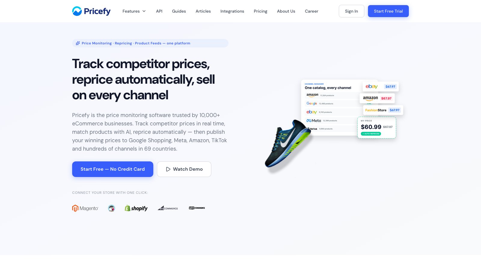 Pricefy homepage — price monitoring, automated repricing and product feed management platform