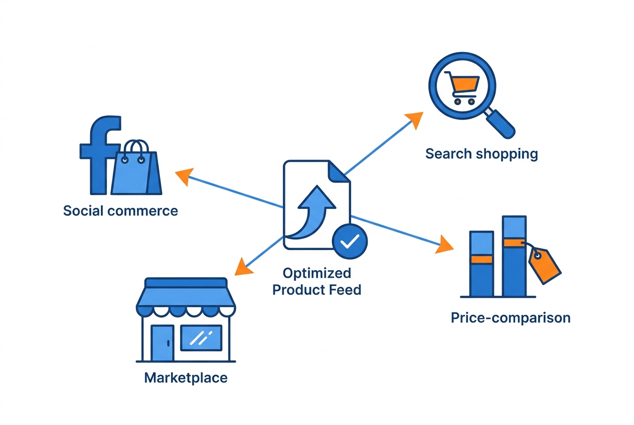 One optimized product feed distributed to Google Shopping, Meta, comparison engines and marketplaces