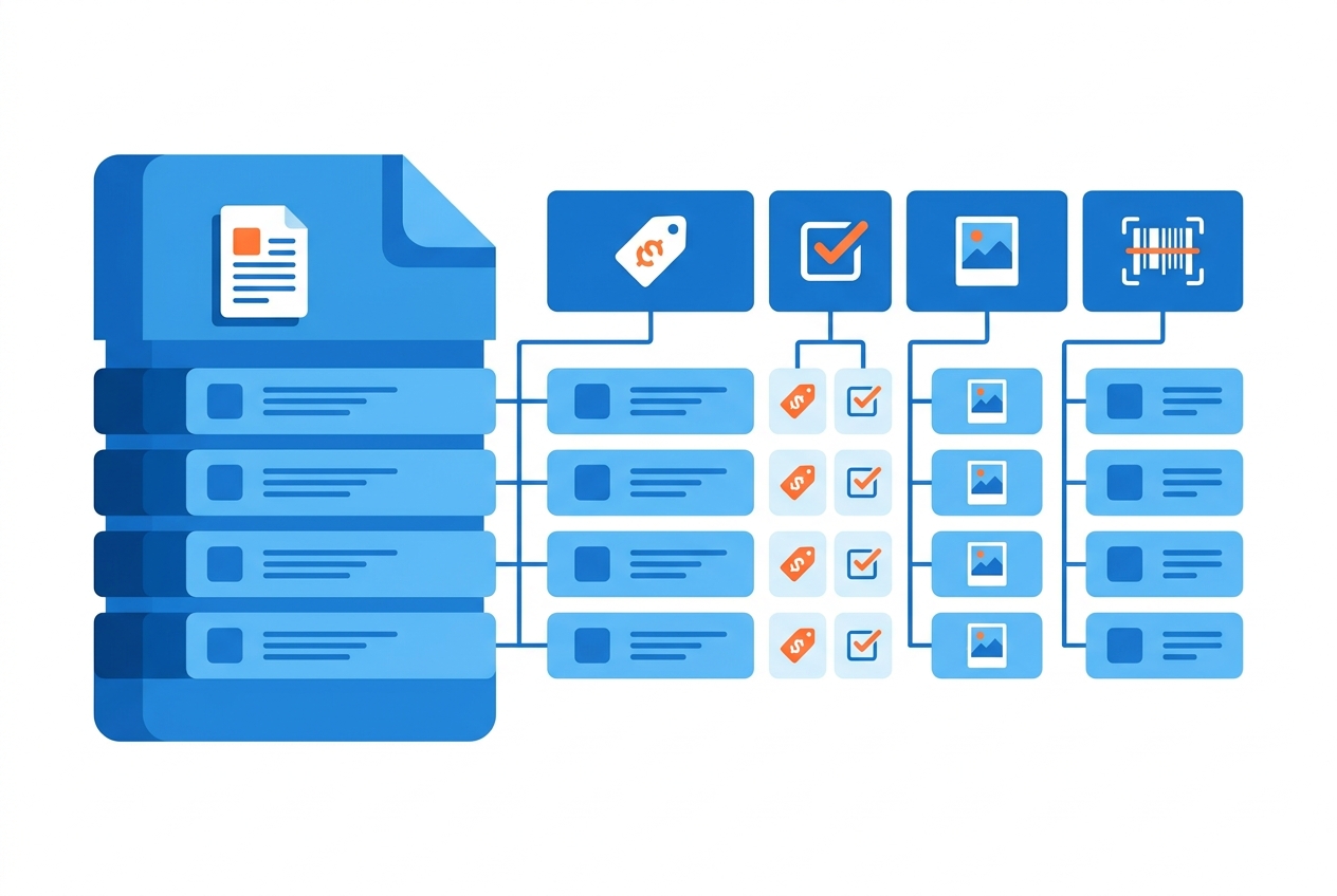 Anatomy of a product feed: a catalog file with title, price, availability, image and identifier attributes