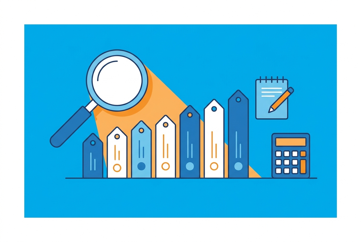 Price point analysis — comparing competitor price tags with charts and a magnifying glass