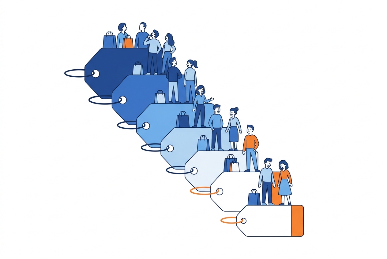 How price skimming works: a descending staircase of price tags across customer segments