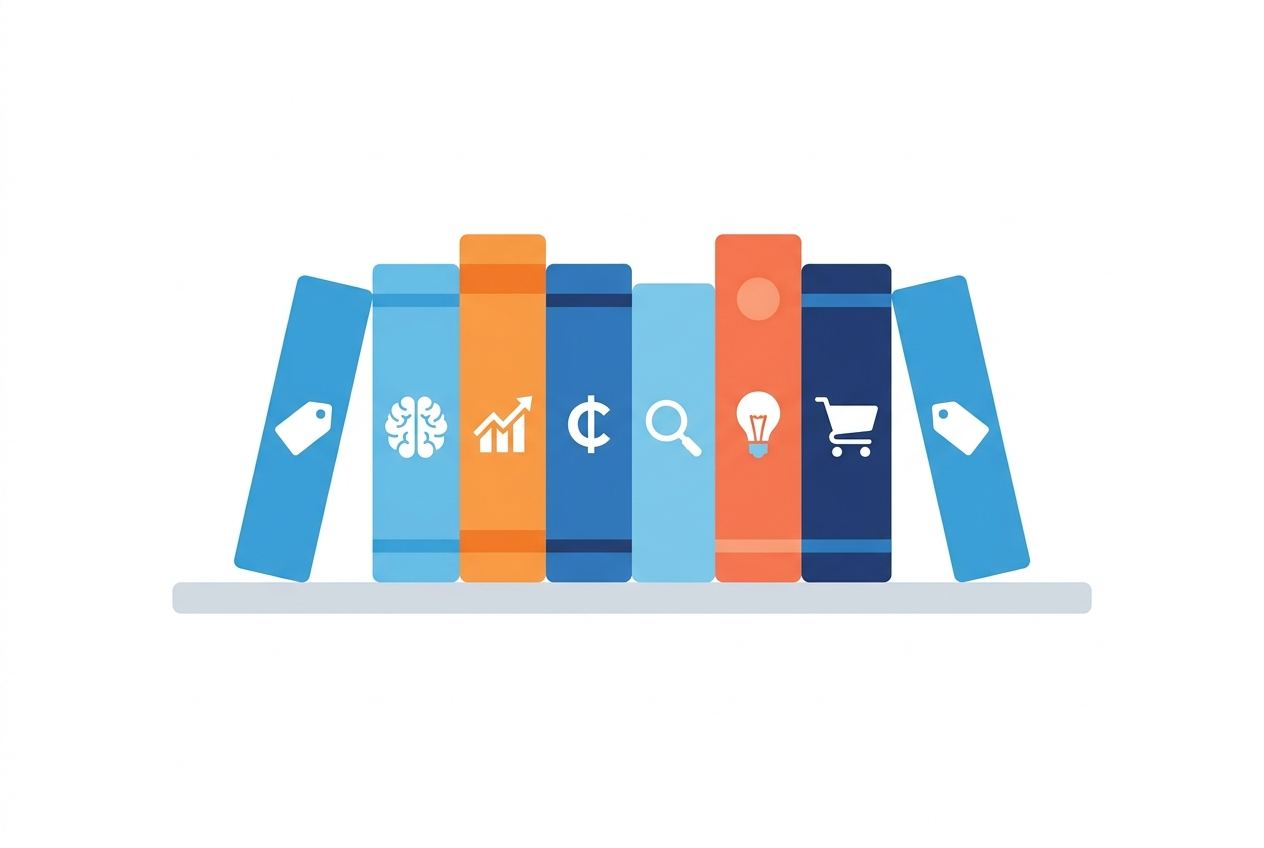 A row of pricing strategy book spines on a shelf