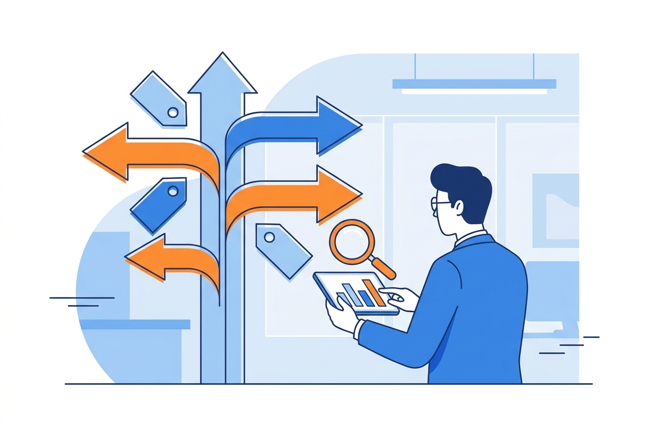 Choosing the right pricing strategy shown as a signpost with price tags
