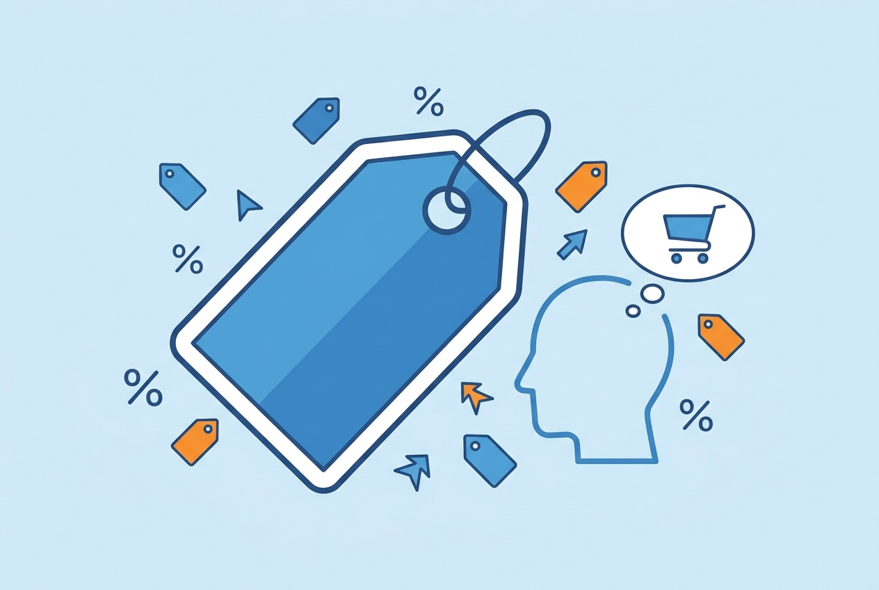 Psychological pricing concept with a price tag and a shopper thinking