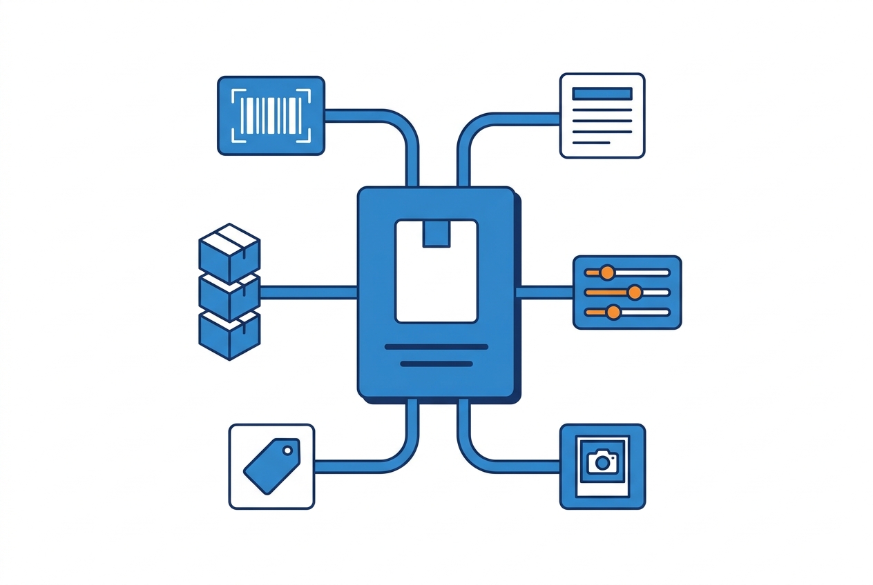 What goes into a product catalog — identifiers, content, attributes, media, prices and stock