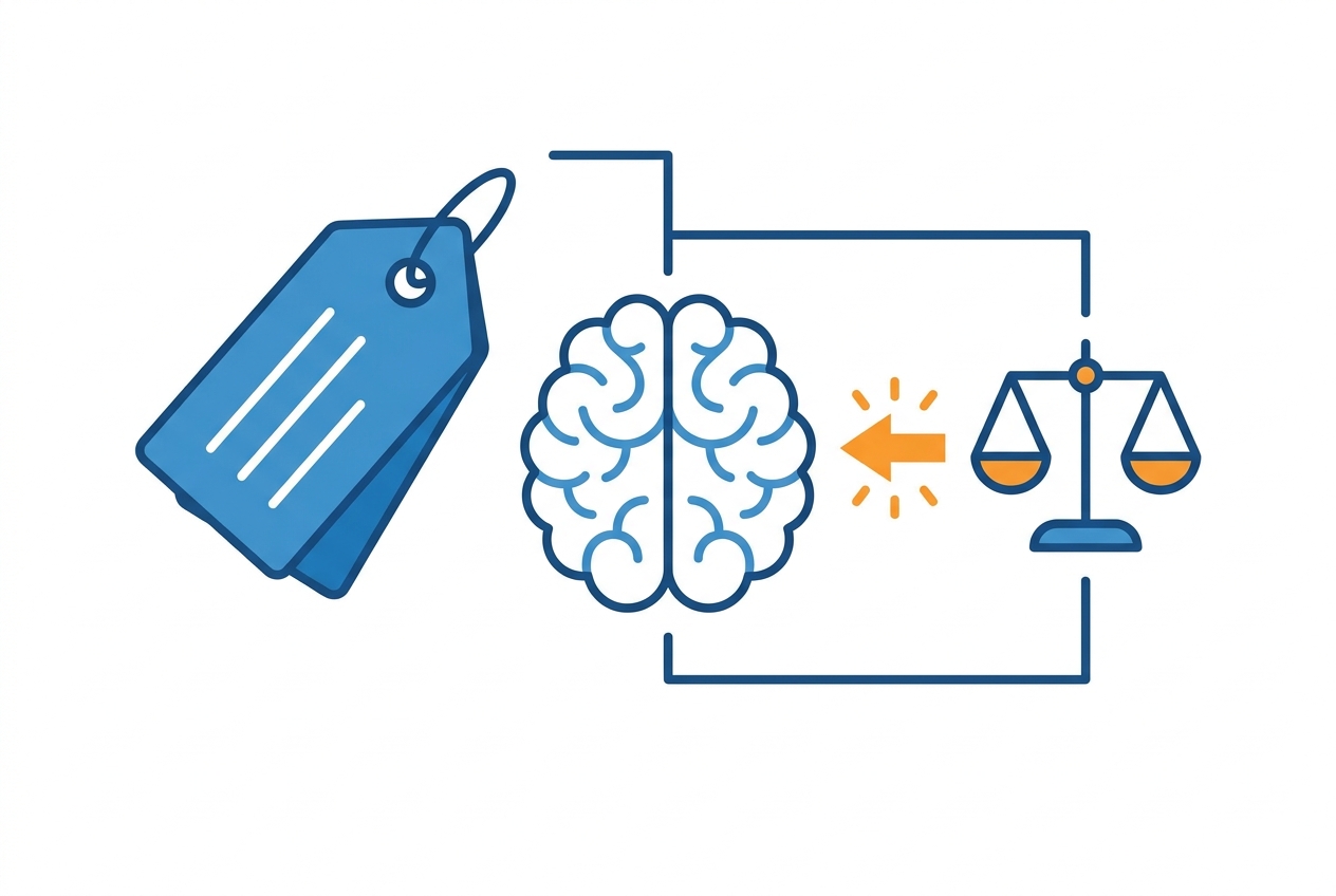 Cognitive biases behind pricing shown with a price tag and a brain